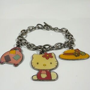 Vintage 90s Sanrio Hello Kitty Flower Twee Silver Charm Bracelet 7”